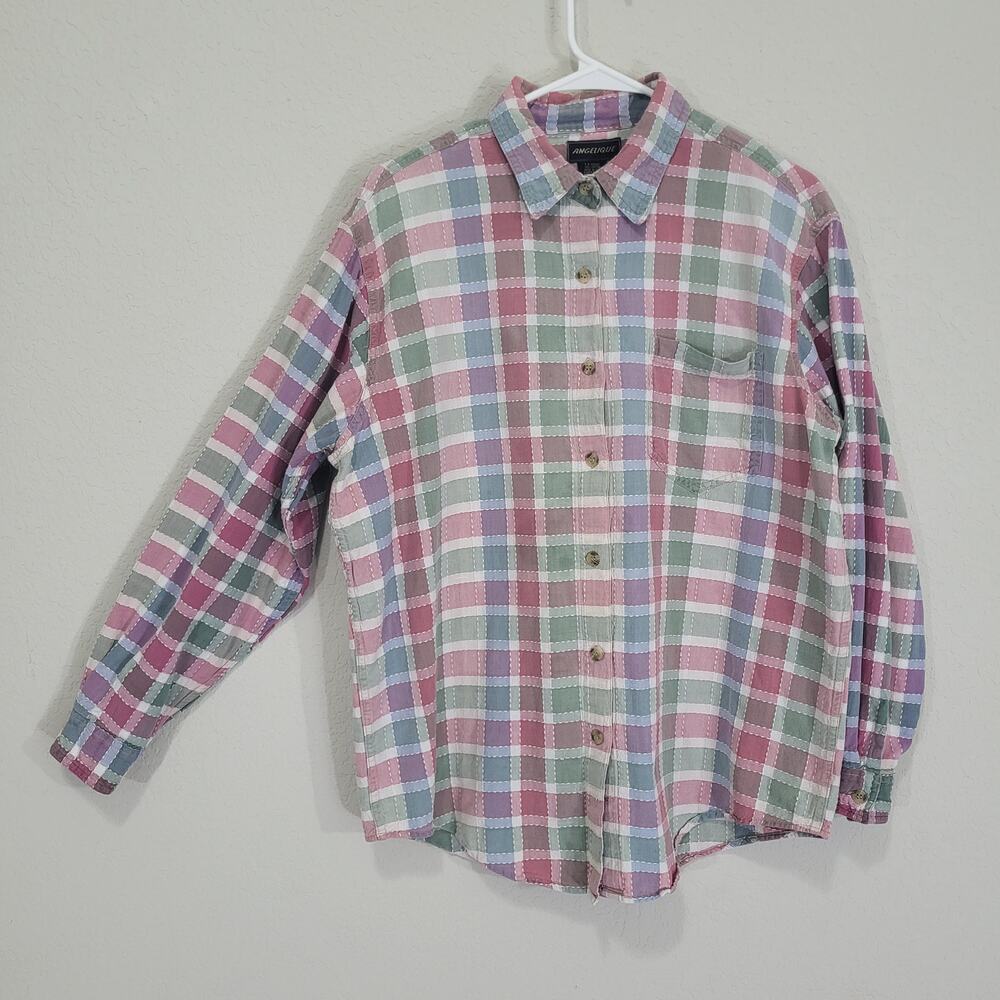 Vintage Shirt Womens XL Angelique Button up Pink Plaid Pastel Cotton Casual